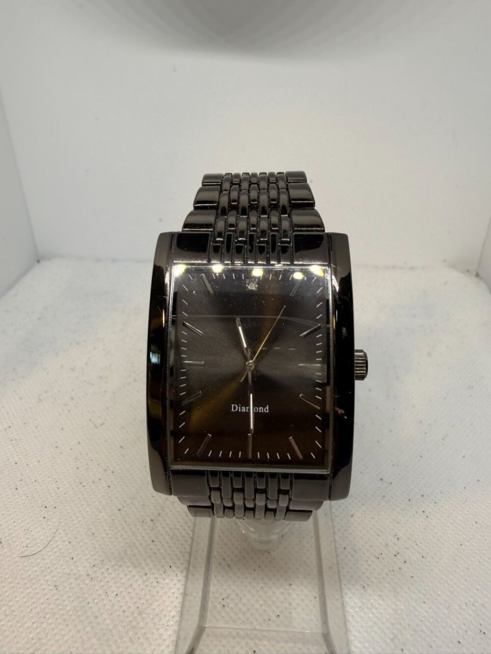 Diamond Brand Mens Black Tonneau Case Watch Linked Metal Band Quartz